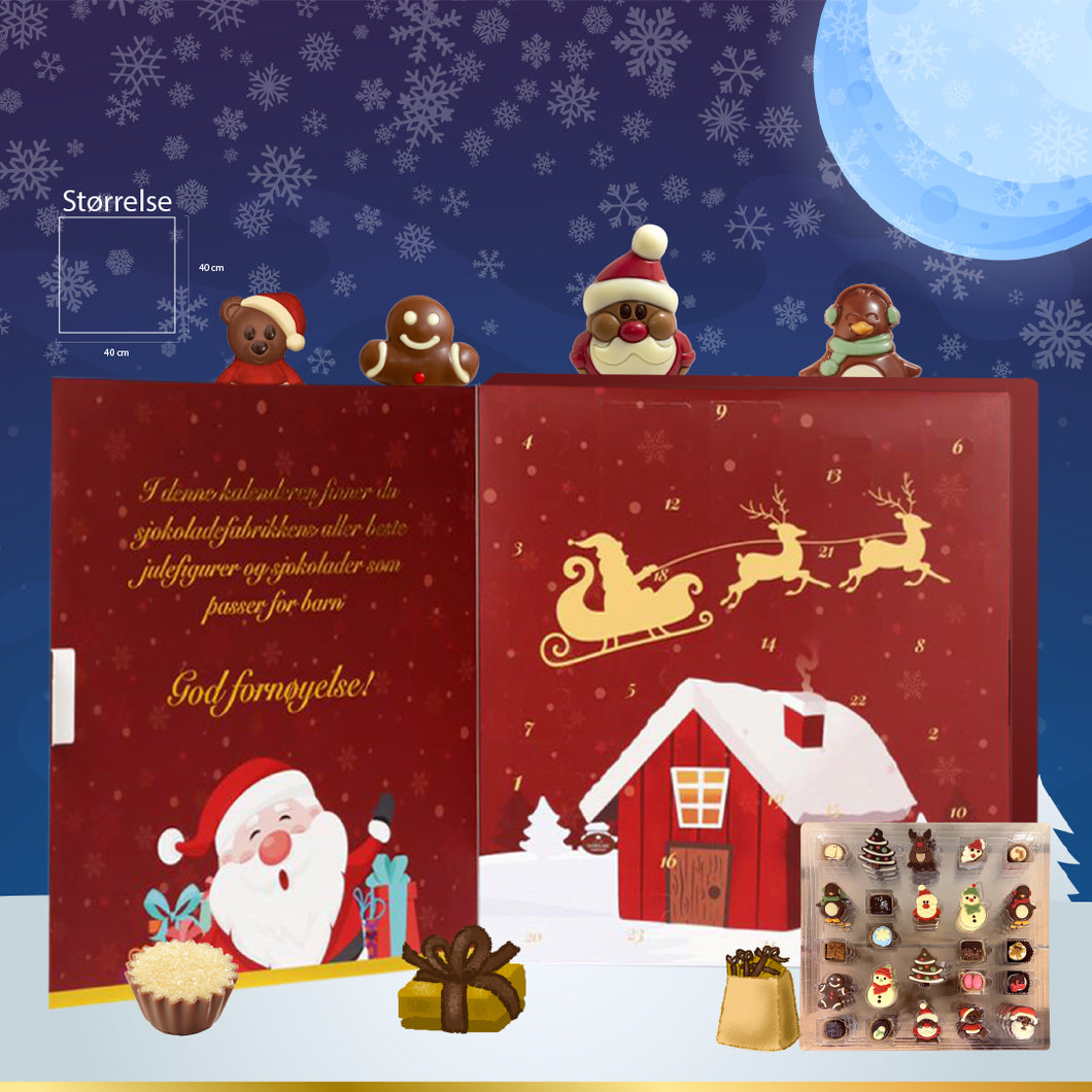 Kalender med miks av julefigurer og konfekt